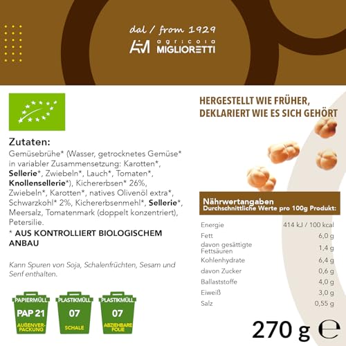 Agricola Miglioretti Bio-Kichererbsen-Suppe mit Schwarzkohl – In 3 Minuten Servierfertig – Vegan, Glutenfrei und Ohne Konservierungsstoffe für eine Gesunde und Köstliche Mahlzeit – 6 Portionen