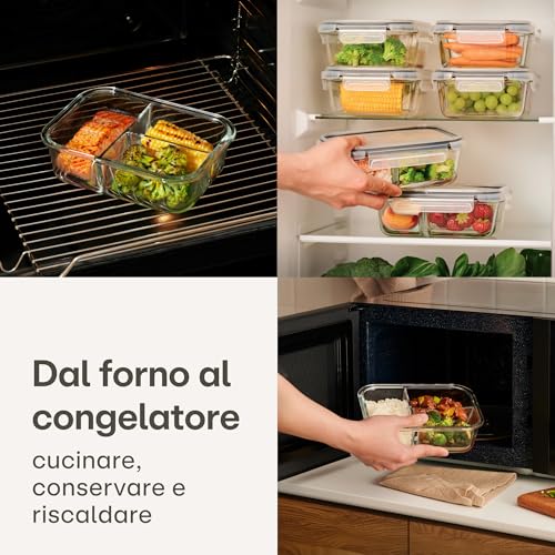 Praknu Meal Prep Contenitori con 3 Scomparti - 2 Pezzi Contenitori in Vetro Ermetici per Alimenti 1000ml - Per Microonde, Lavastoviglie, Forno - immagine 5