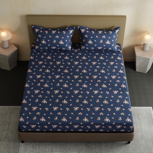 Image of Layers 100% Cotton Bedsheet for Double Size Bed | Lumina Floret Collection | 144 TC Soft & Breathable | Floral Print with 2 Pillow Covers | Wrinkle Free & Colorfast | 3 Piece Bedding Set - Blue