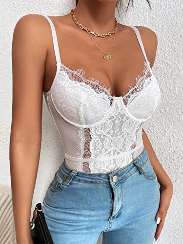 Shenhe Women's Floral Lace Spaghetti Strap Sheer Mesh Sleeveless Cami Bodysuit Tops White M #TOP5