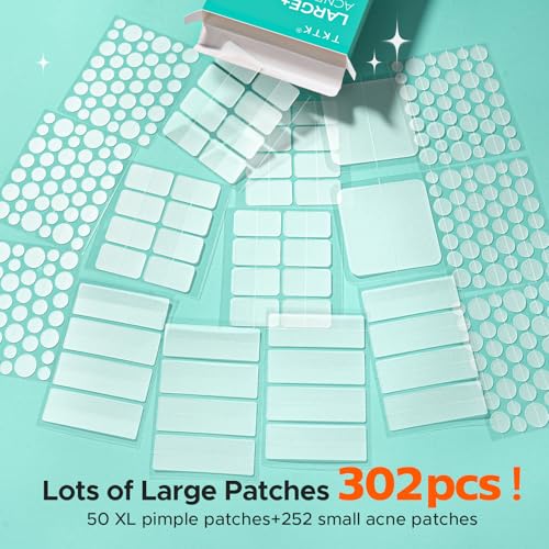 Image of TKTK Large Pimple Patches for Face, 7 Sizes XL Acne Patches, Big Hydrocolloid Bandages for Body, Chin, Forehead, Chest, Back Zit Breakouts, Hydrocolloid Patch (Strip, Square, Dot 302 Count)