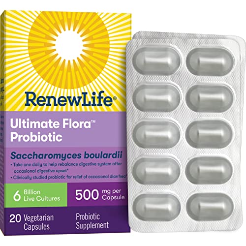 Renew Life Adult Probiotics, 6 Billion CFU Guaranteed, Saccharomyces Boulardii Supplement, Ultimate Flora Supplement for Digestive & Immune Health, Shelf Stable, Gluten Dairy & Soy Free, 20 Capsules