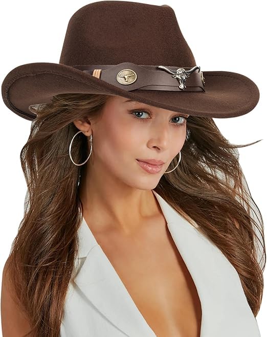 LBOYLOVE® Cowboy Hat, Wide Brim Felt Cowgirl Jazz Hat for Women Men, Adjustable Size, Outdoor Tourism Performance Hat 56-58 Coffee
