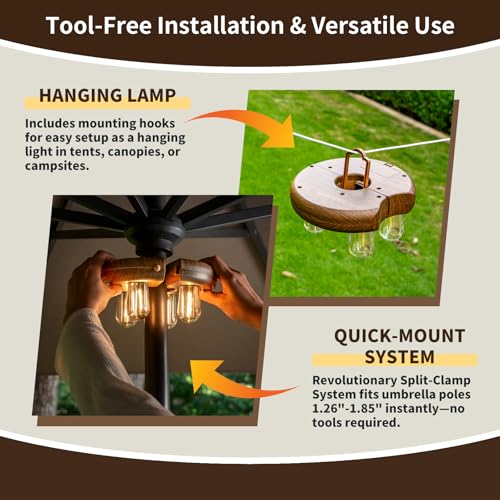 Image of Dark Wood Grain Patio Umbrella Light with Remote Control, Rechargeable Cordless LED Edison Bulbs Pole Light with 10 Brightness Levels for Garden, Patio, Backyard, Camping or BBQ (1 Pack)