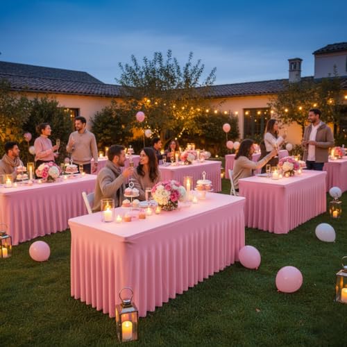Image of HolidayIdeas 2 Pack Spandex Table Skirts for 4 ft Folding Table, Stretch Rectangle Tablecloth for Wedding, Banquets, Parties, Pink, 24x48