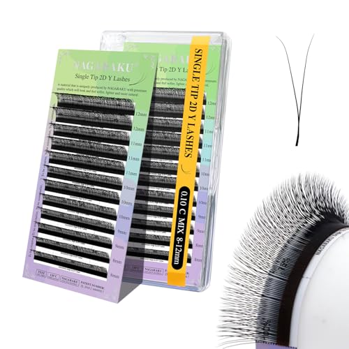 NAGARAKU Y Pestañas 2D Forma Y Extensiones de Pestañas Postizas Abanico Profesionales Prefabricados Prehecho Ligero Suave Natural Volumen Ruso Individual Ventilador Y Lash Negro Mate(0.10 C 8-12mm)