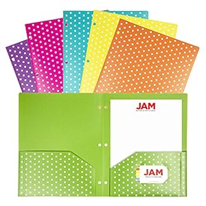 JAM PAPER Plastic Color POP Folders – 2 Pocket Durable Folders with 3 Hole Punch – Assorted Polka Dot Colors – 6/Pack