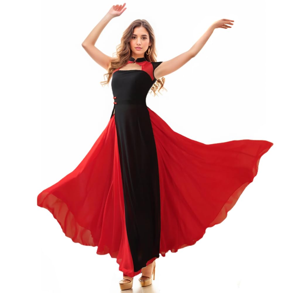 ROYAL SMEELA Women Lyrical Dance Costume Modern Contemporary Dance Dress Short Sleeve Flowy Dress Boho Maxi Dresses Black