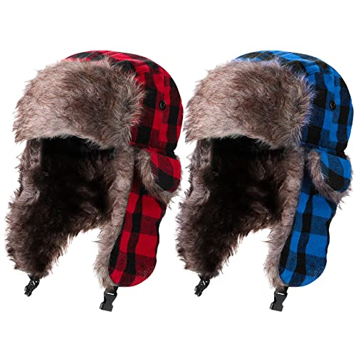 Satinior 2 Pieces Plaid Ushanka Trapper Hats Unisexs Bomber Hats Winter Ear Flap Warm Eskimo Hat For Women Men (Christmas Color), Red And Black, Blue And Black, One Size #TOP16
