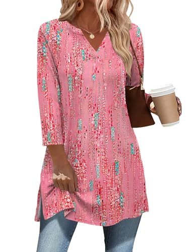 Ivicoer Pink Striped Tunics or Tops to Wear with Leggings 3/4 Length Sleeve Tunic Top Loose Fit Dressy Side Slit Womens Blouses XL