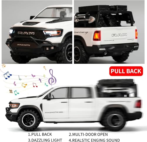 Image of 1 /32 Ram Pickup Truck Diecast Model Toy Car Metal Truck with Sound & Light Pull Back Friction Powered Toy Vehicle Openable Doors Collectible Gift for Kids & Boys (White)