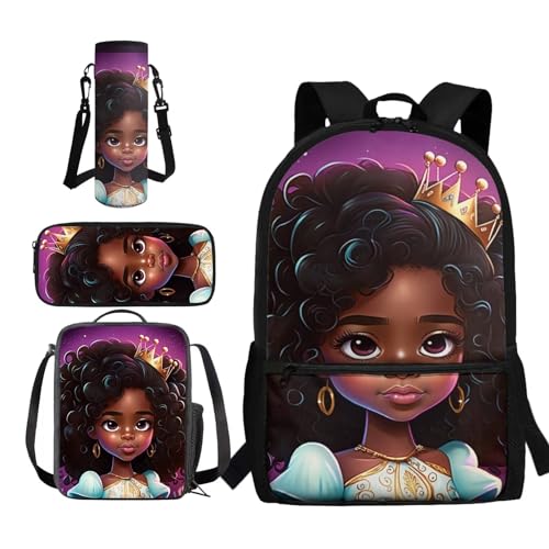African Girl School Backpack for Girls 10-12 Kids School Bookbag with Lunch Box and Water Bottle Holder Black Girl Lunch Bag Teen Elementary School Book Bag Pencil Case 4 In 1