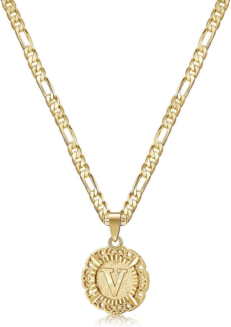 KissYanInitial Necklace For Women Girl,14K Gold Plated Round Letter Pendant Necklace Capital Monogram Necklace Alhpabets from A-Z Figaro Chain Necklace…