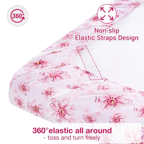 Image of Softan Pink Floral Queen Sheet Set, Cozy Printed Microfiber Bed Fitted Sheets with 15 inch Deep Pocket & Non-Slip Corner Straps, Cherry Blossom Watercolor Flower Patterned Sheets & Pillowcase Set