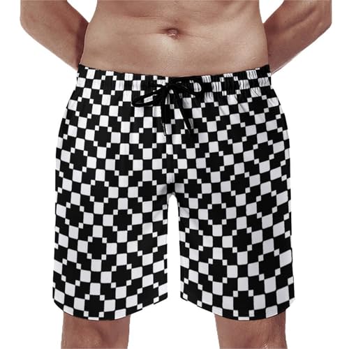 Hawaiian Shorts for Men - Comfy Black and White Checkered Print Mens Swim Trunks Bathing Suits with Mesh Lining