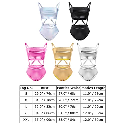 Fymnsi Women Sexy Holographic Metallic Bandeau Top Strapless Bikini Reflective Shiny Booty Shorts High Waist Cheeky Clubwear Laser Silver Large #TOP5