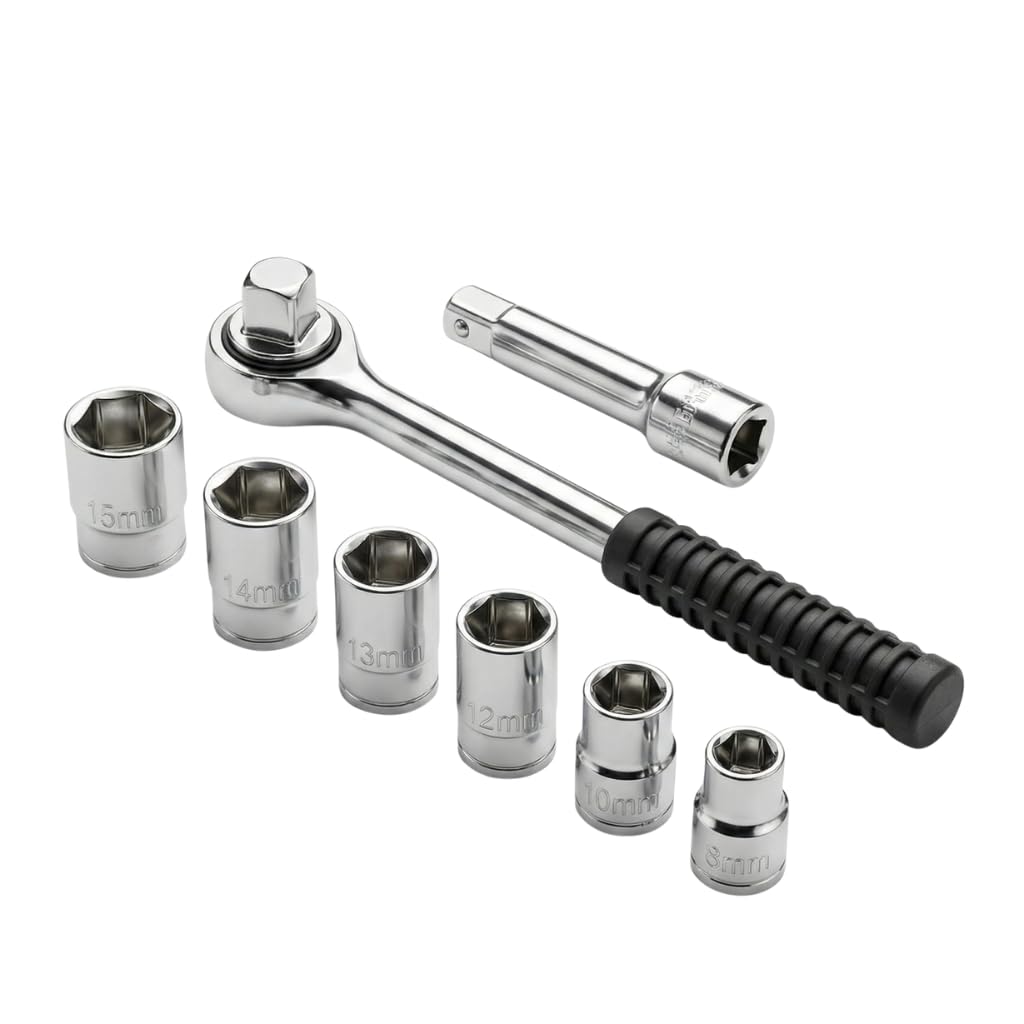 Juego básico de Llave de Carraca Reversible 1/2 Pulgadas con Set de 6 Dados Hexagonales, Herramientas con Extensión 75mm, Acero Cromo Vanadio
