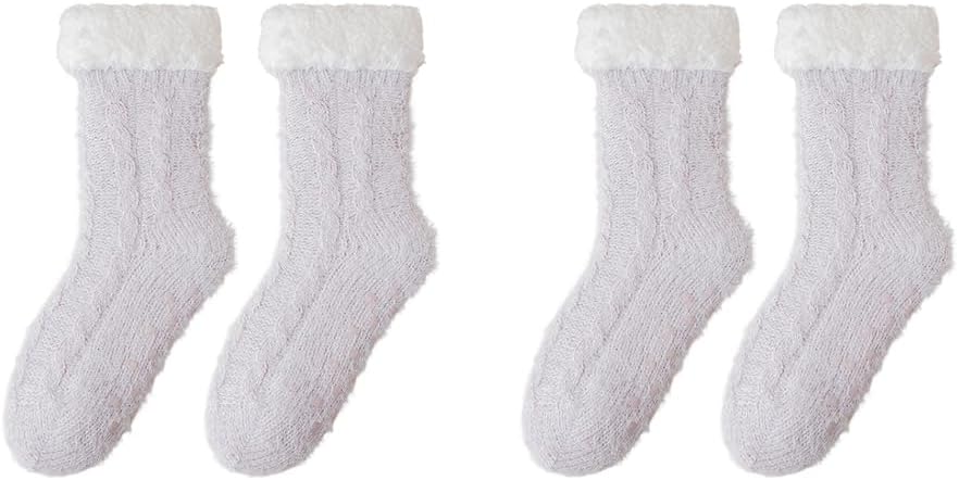 2 Pairs Womens Fuzzy Socks Winter Warm Fleece Lining Non Slip Crew Socks Home Slipper Socks