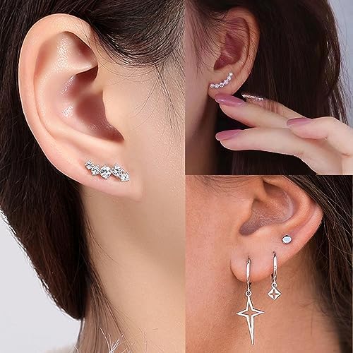 Silver Stud Earrings for Women, 6 Pairs 925 Sterling Silver Small Stud Earrings Star Moon Ball Heart Flower Bar Round Cross Studs Earrings Set Cubic Zirconia Studs Jewelry Gift for Teens Girls