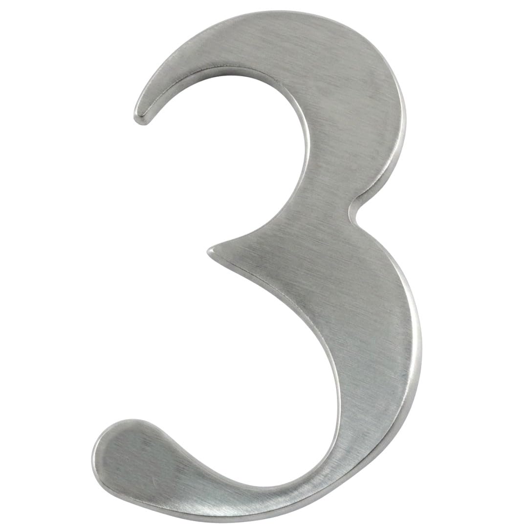 Door Number in Satin Silver Stainless Steel Finish- Self Adhesive 3" Nanocoast House Number, Times Roman Font, 3