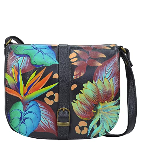 Anna by Anuschka Damen Flap Crossbody Umhängetasche aus echtem Leder, handbemalt, Schwarz, Tropical Dreams Black, Einheitsgröße Cover