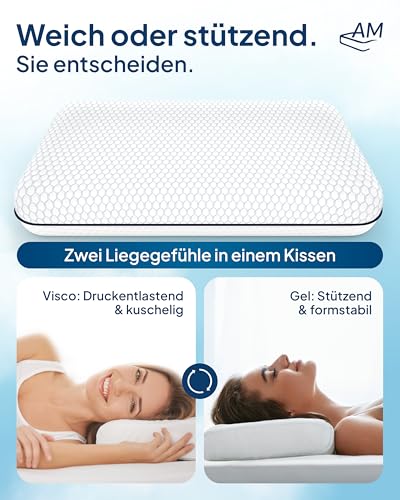 AM Qualitätsmatratzen Premium Nackenstützkissen höhenverstellbar mit kühlendem Effekt & Tencel Bezug - Oeko-TEX zertfiziert - Schlafkissen mit Gelschaum und Viscoschaum Auflage