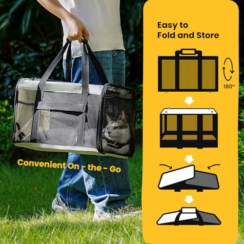 Conlun Hundetransporttasche – Weichwandige Tragetasche mit 4-Seitigem Mesh für Kleine Hunde & Große Katzen bis 9kg, Klappbare Reisetasche mit Atmungsaktivem Design in Größe L-Grau