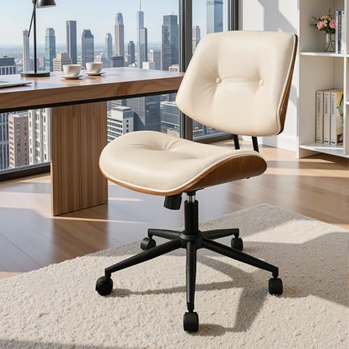 ALTRIGUS Armless Office Chair with Wheels, PU Leather Adjustable Height Desk Chairs, Modern Walnut 360° Swivel Mid Back Computer Chair for Small Space Meeting Room, Beige