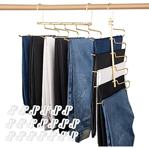 Foldable Trouser Hangers Space Saving, 5 in 1 Non Slip Multi Functional Pants Rack, Magical Clothes Hanger for Trousers Jeans Clothes Scarves Towels with 20 Connector Hooks (2pcs Gold) Cover