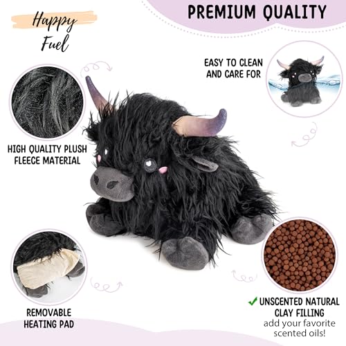 Image of Happy Fuel Highland Cow Microwavable 1.5lbs Unscented Heating Pad for Women & Kids- Cute Soft Cozy Pillow Plush Heatable Warm Stuffed Animals- Kawaii Hot & Cold Plushie Toy- Cow Gifts for Girls & Boys