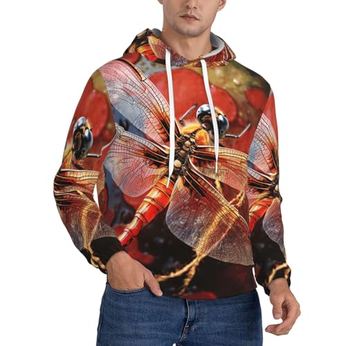 Men's Fleece Pullover Hoodie Long Sleeve Hooded Red Dragonfly Sweatshirt Casual Shirts With Pockets