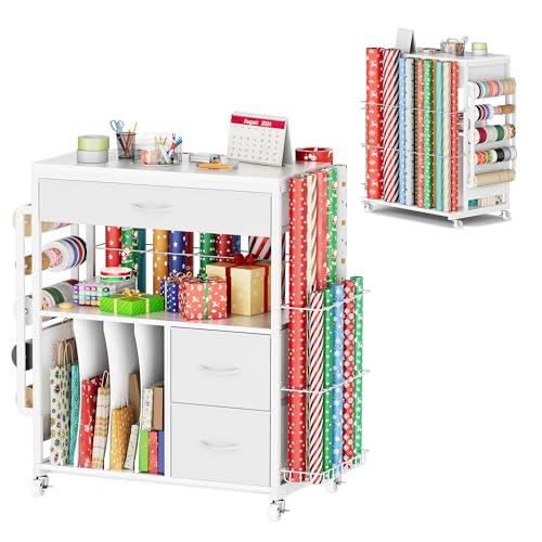PUNLUXU Wrapping Paper Storage Cart Rolling Gift Wrap Station with Ribbon and Gift Bag Craft Organizer Holder 03 MAX Patent Protected