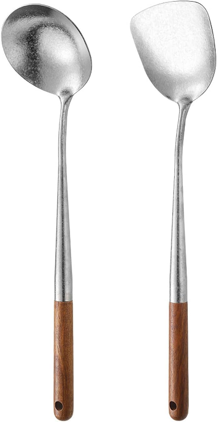 TIBROMTACK Titanium Utensils Set, Titanium Spatula and Spoon with Natural Pear Wood Handle, Ice Flower Texture, Lightweight Heat Resistant Kitchen Tools(16.65in Spatula & 16.47in Spoon)