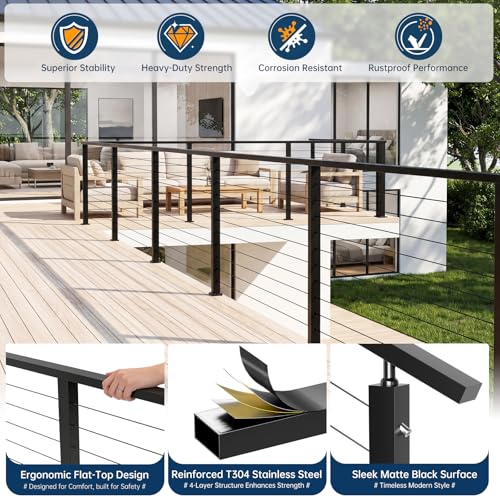 Image of 12FT Black Stainless Steel Cable Railing Handrail with POM Connector | 4 Pack Rectangular Cuttable Handrail, 2-3 /8 inchx1-3 /16 inch Flat Top Hand Railing, Deck Handrail for Indoor Outdoor Railing System
