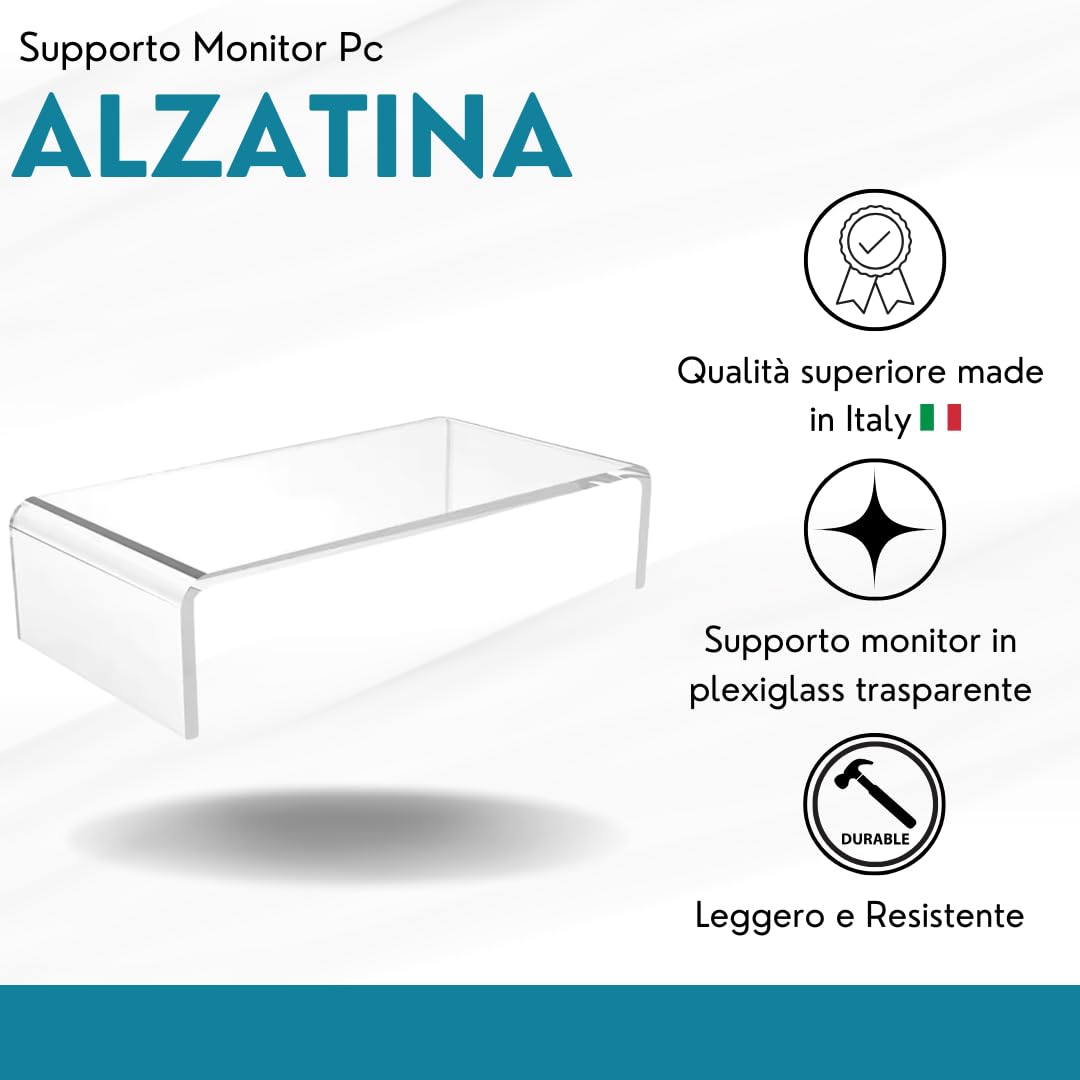 Debora Carlucci Supporto per Monitor Acrilico Alzatina Rialzo Pc Schermi Laptop Computer Notebook in Plexiglass Trasparente Made in Italy 34x19x10 cm Spessore 1 cm
