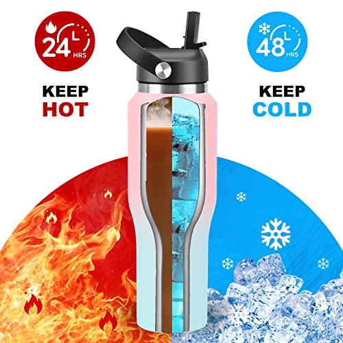Image of HYDROWION Vacuum Insulated Water Bottle, 40 oz Water Bottle fits in Car Cup Holder (Cold 48 hrs, Hot 24 hrs),Insulated Drinking Bottle with Straw Lid, Spout Lid and Flex Cap, Leakproof Travel Thermos