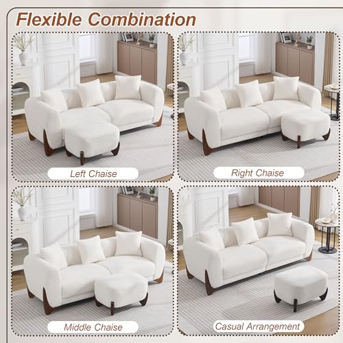 Image of WUTUTUEE 28.7 inch Sherpa Boucle Ottoman with Solid Wood Legs, Modern Upholstered Footstool, Comfy Ottoman for Living Room, Bedroom, White