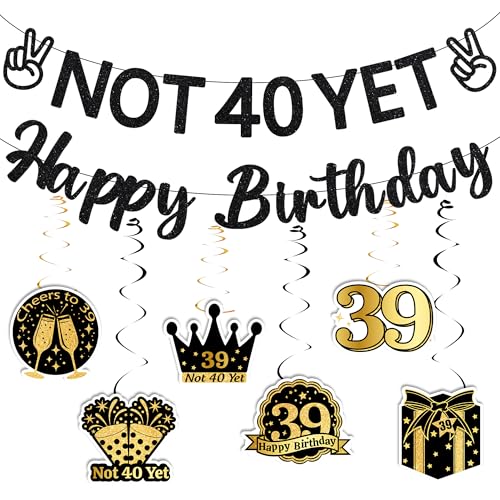 39th Birthday Decorations for Men Women - Funny Not 40 Yet Happy Birthday Decoration with Banner Hanging Swirls Black Gold Glitter Cheers to 39 Years Bday Party Supplies