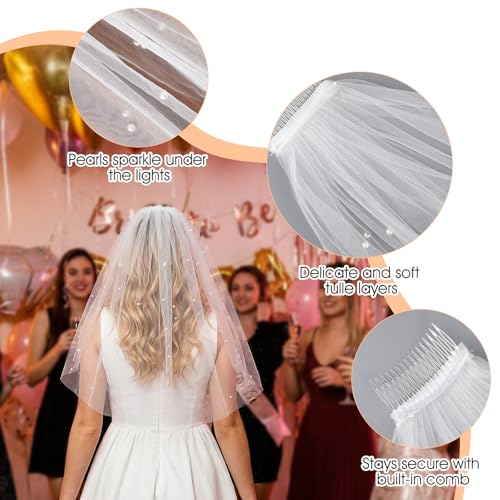 Josojoou White Short Wedding Bridal Veil, 1 Tier Elegant Bridal Tulle Veil with Comb, Pearl Bride Wedding Veil for Bachelorette Party Bridal Shower Engagement Gifts