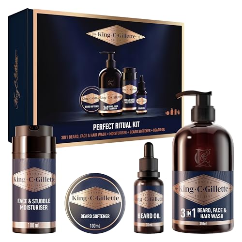 King C. Gillette Kit Barba Hombre Rutina Perfecta, Pack De Gel Limpiador 3 En 1 Para Barba 350ml + Aceite Para Barba 30ml + Suavizante De Barba 100ml + Crema Hidratante 100ml, Regalos Para Hombre