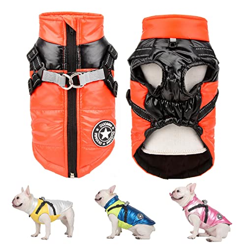 SMALLLEE_LUCKY_STORE Pet Colorblock Sport Waterproof Winter Jacket Vest with Harness D-ring for Small Medium Dog Cat Zip-up Padded Puppy Coat Chihuahua Yorkie French Bulldog Warm Clothes,Orange,M