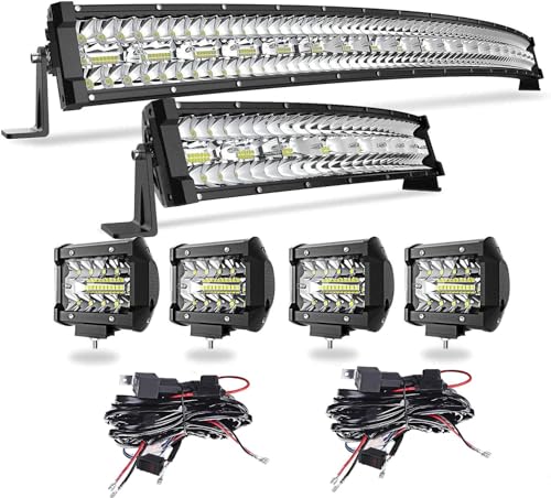 42Inch 780W + 22Inch 390W Curved LED Light Bar Triple Row Flood Spot Combo Beam Off Road Lights + 4pcs 4Inch 60W Led Fog Lights W/2PCS Rocker Switch Wiring Harness for Jeep Trucks ATV Boat