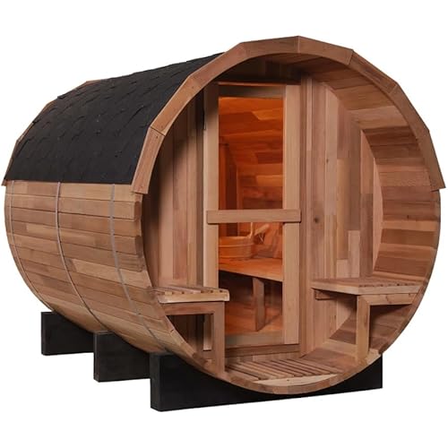 Barrel Steam Sauna Room with Porch, 4-6 People Canadian Red Cedar Outdoor Sauna, ETL TOULE 6KW Stove with Stone, Asphalt Shingles, Rugged Base(0-195℉)