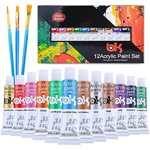 Acrylic Paints Set for Artists - Oil Paints 12 Tubes with 3 Paint Brushes Art Paints for Canvas Wood Stone Ceramics and Fabrics - Craft Painting Supplies for Beginners and Professional Artists (12ml) Cover