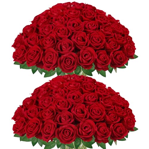 Image of InnoGear 100 Pcs Red Roses Artificial Flowers, Fake Velvet Silk Rose Bulk Faux Flower for Decoration DIY Wedding Centerpieces Proposal Bridal Bouquets Shower Party Home Floral Decor (100, Red)