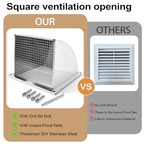 Image of 304 Stainless Steel Outdoor Wall Vent Cover, Exterior Dryer Vent Outlet Grille Louvered Duct Ventilation with Mesh Screen and Tool for Storage Room, Kitchen and Bathroom,16 inchx16 inch