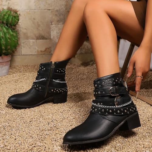 Womens Motorcycle Boots Chunky Heel Faux Leather Side Zipper Cowgirl Boots Fashion Pointed Toe Studded Gothic Ankle Booties3