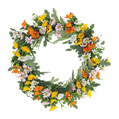 NZXVSE Artificial Daisy Flower Wreath, 12 Inch Artificial Spring/Summer/Fall Farmhouse Wreath with Leaves Sere Vine and Green Leaves for Front Door Home Decor Cover