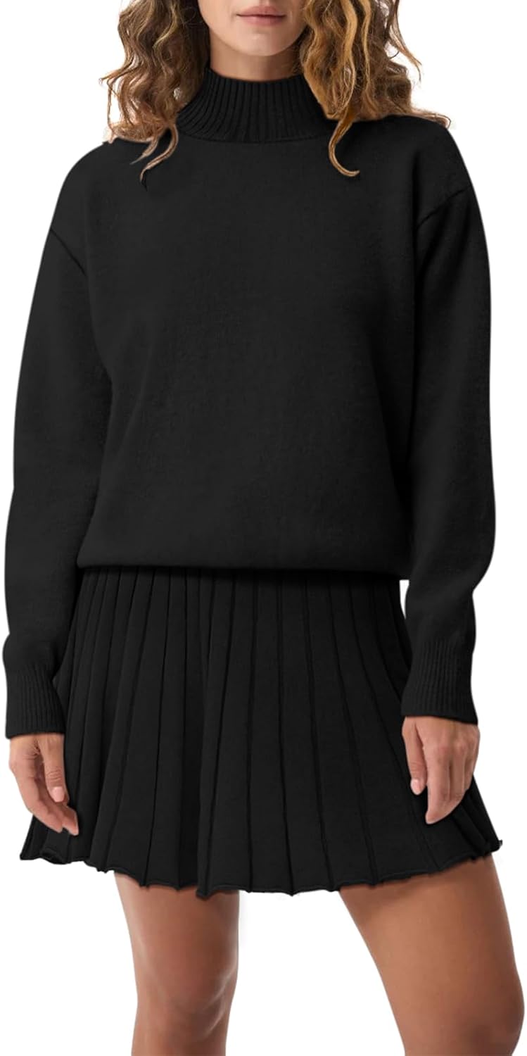 Women's Two Piece Outfits Turtleneck Long Sleeve Ribbed Knit Tops Pleated Mini Skirt 2026 Casual Sweater Sets - Image 2