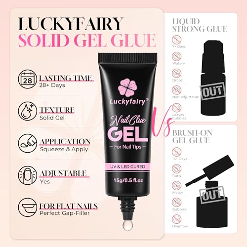 Image of Luckyfairy Gel Nail Glue for Nail Tips, Soft Solid Nail Glue, Cured Needed, 15ml Soak Off Adhesive Bonding for Clear Acrylic Nails Fake Nails Extension, Not for Press-on